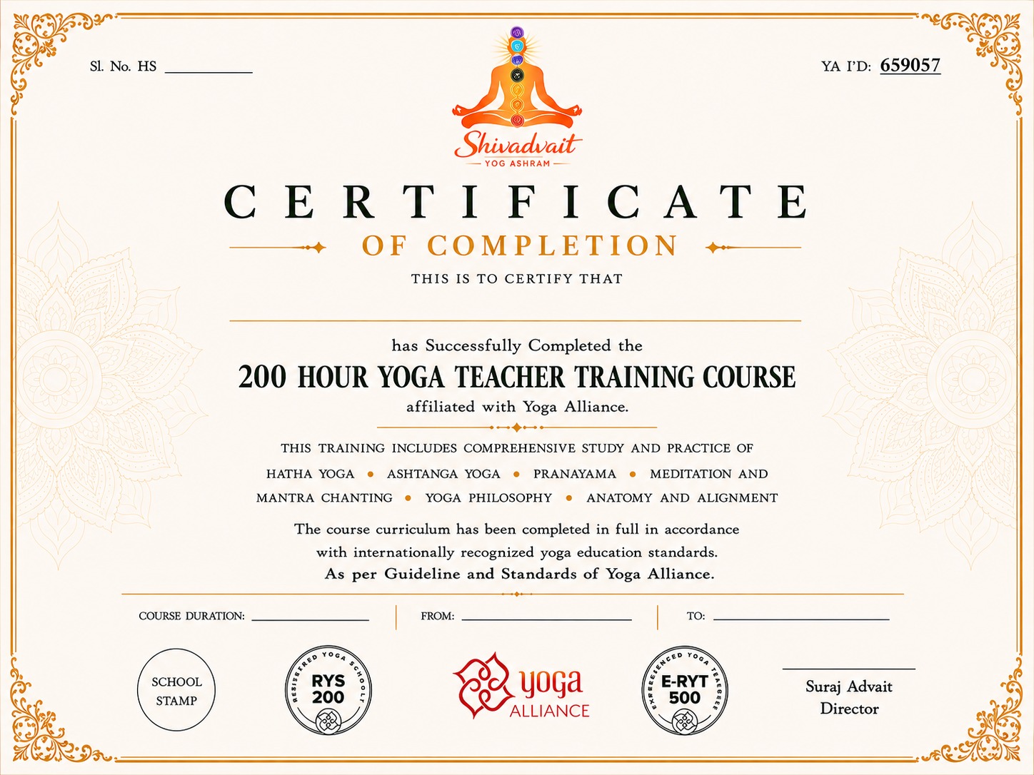 200 Hour Hatha Ashtanga Vinyasa Yoga Teacher Training at our ashram India certificate